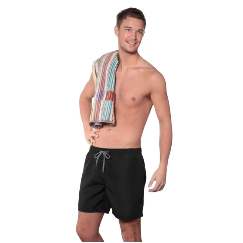 Man were black swim shorts